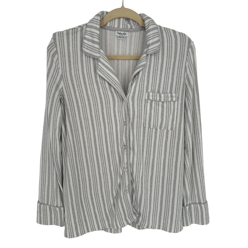 Splendid Pajama Top Womens XS White Gray Striped Knit Button Down Sleepwear